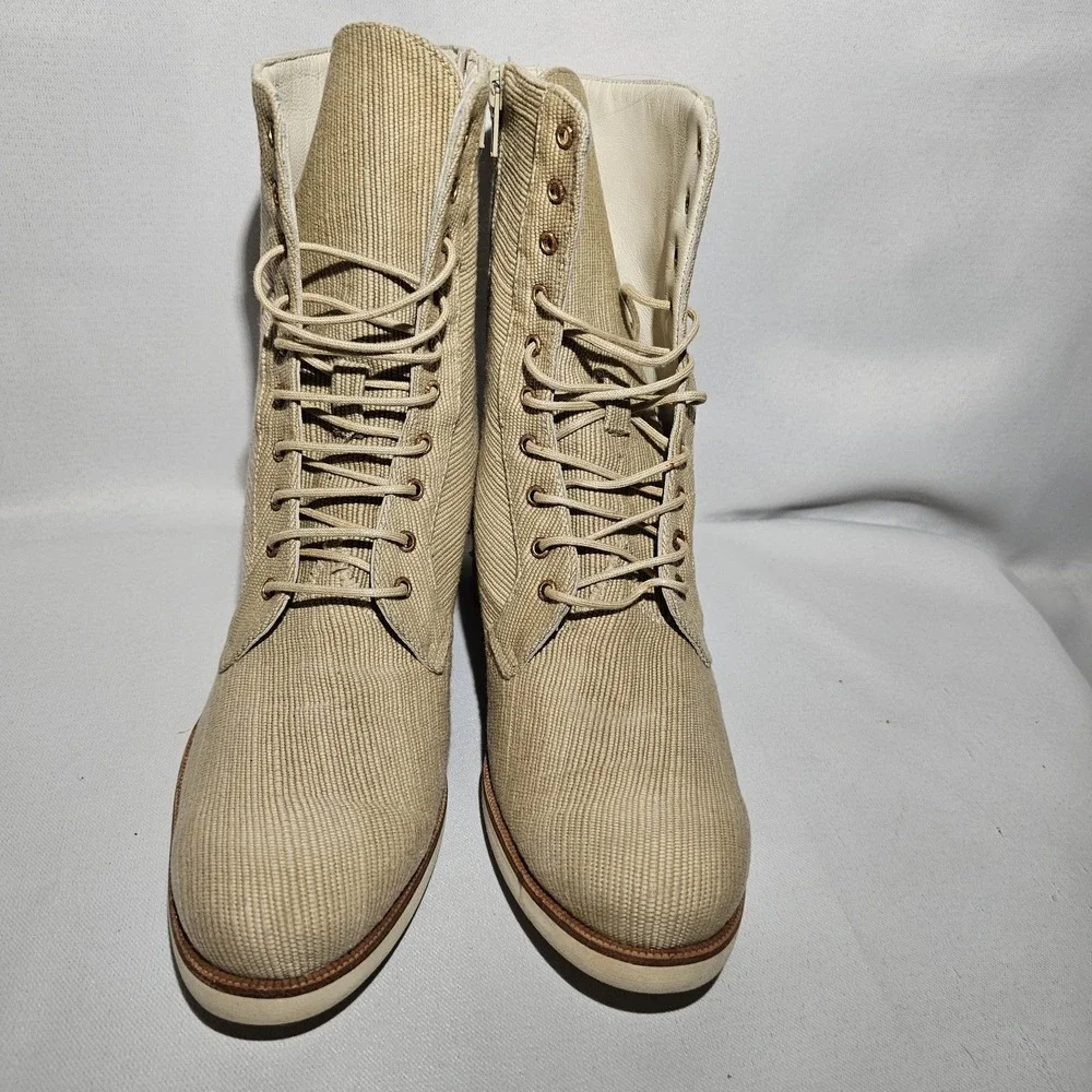 FARRUTX Men's beige textile‎ lace-up calf boot side zip leather lined size 39**